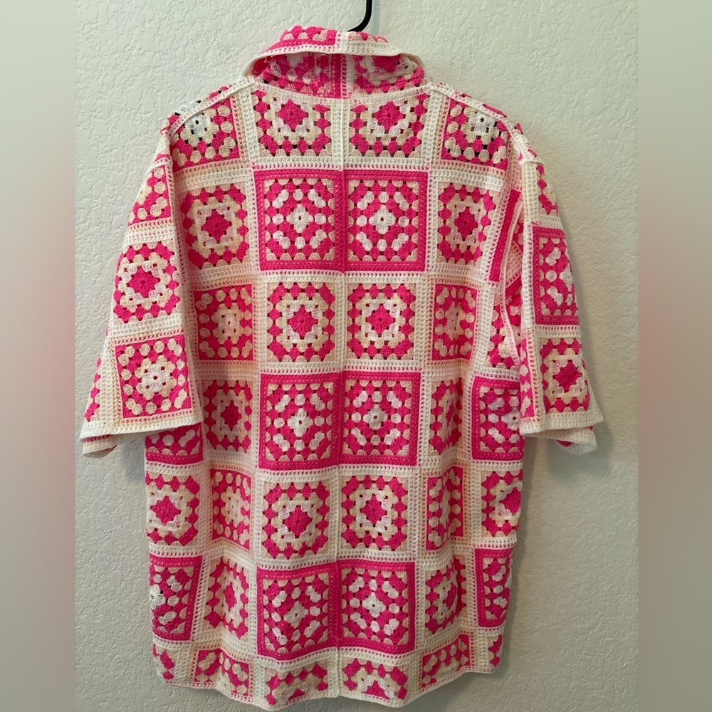 Pol Pink Multi Crochet Pattern Button Down Shirt … - image 5